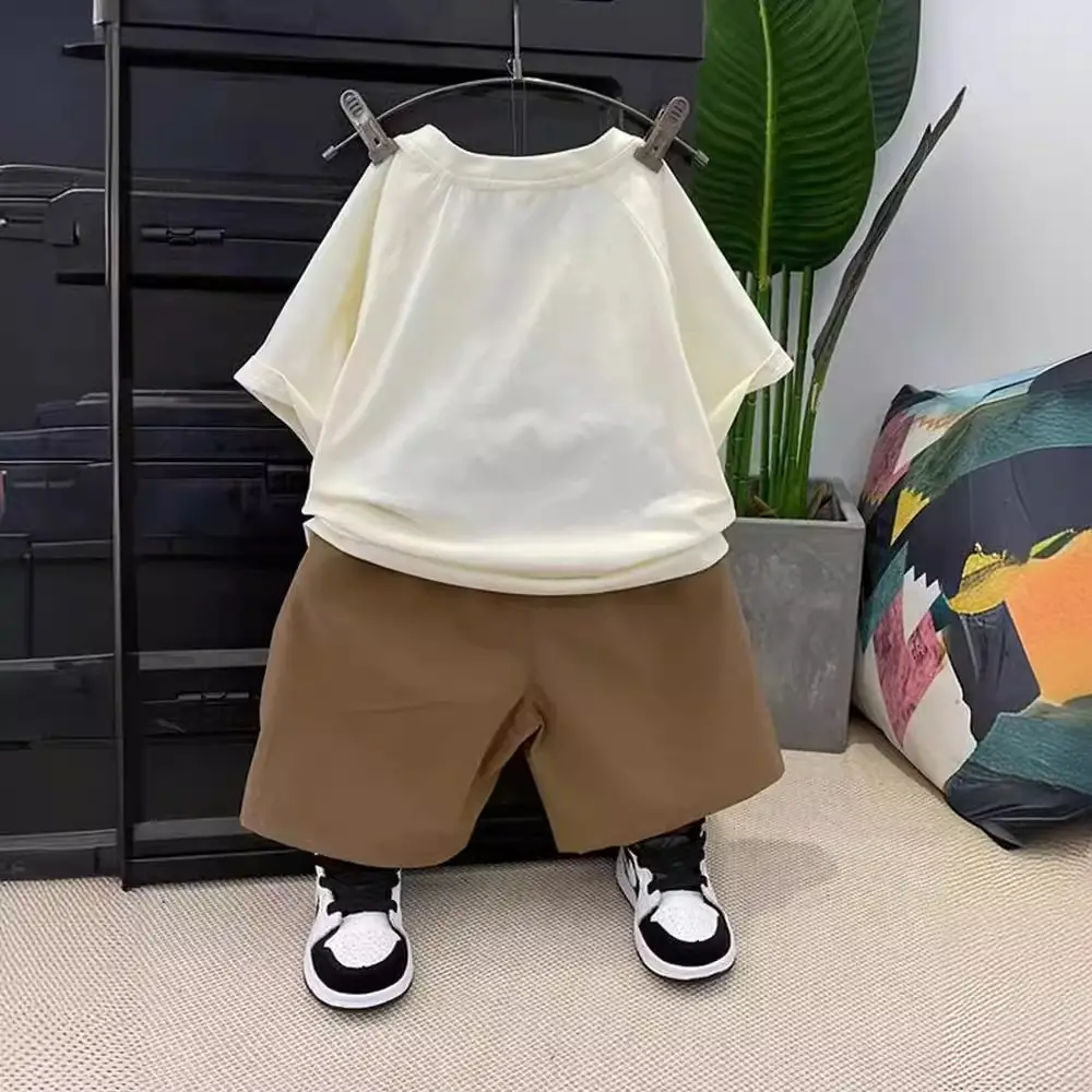 Baby Cartoon T-Shirt Shorts Set White Brown Loose Summer - Image 6