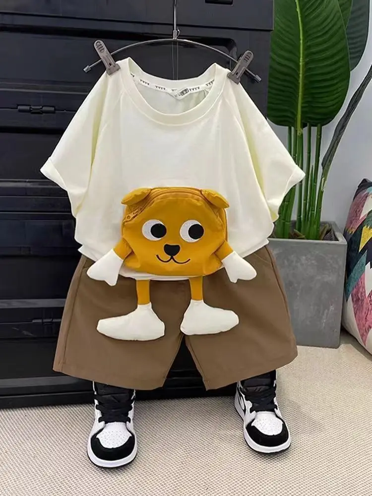 Baby Cartoon T-Shirt Shorts Set White Brown Loose Summer - Image 2