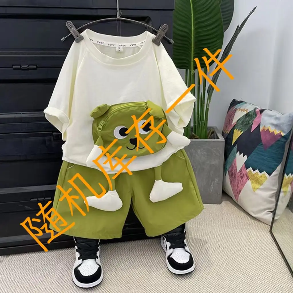 Baby Cartoon T-Shirt Shorts Set White Brown Loose Summer - Image 3