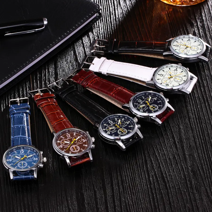 Cross-Border Foreign Trade Business Quartz Watch with Leather Strap, Geneva Three-Eye Six-Hand Trendy Men's Watch — feature 3