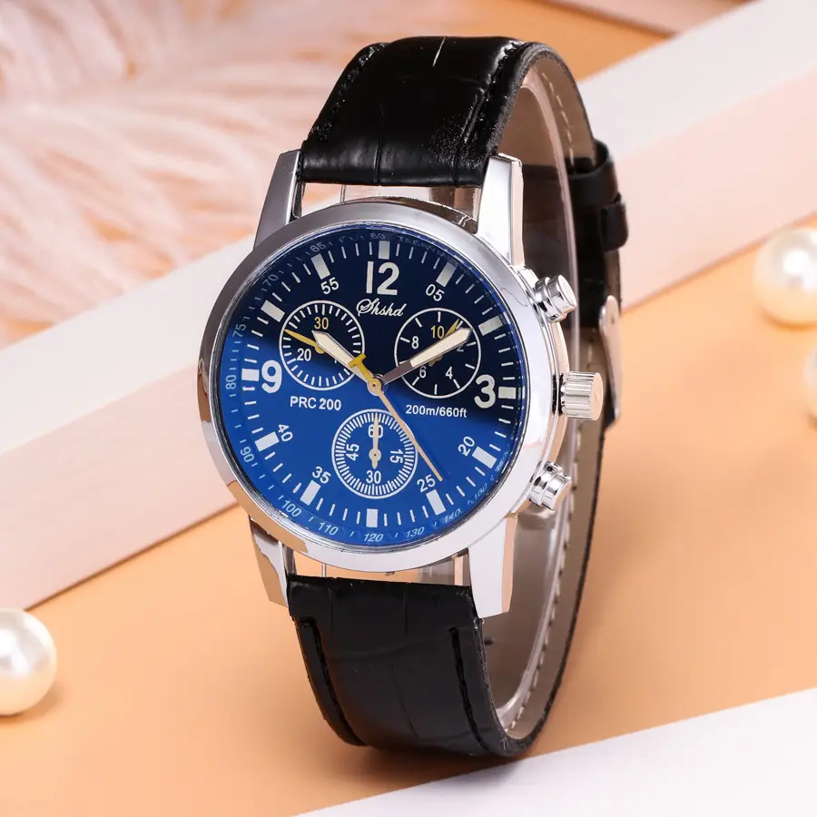 Cross-Border Foreign Trade Business Quartz Watch with Leather Strap, Geneva Three-Eye Six-Hand Trendy Men's Watch
