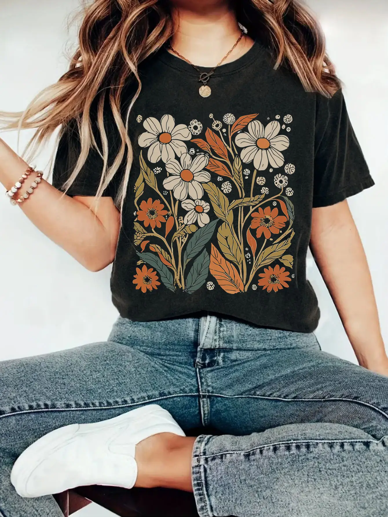 Women's Printed Round Neck T-Shirt Brown Floral Short Sleeve