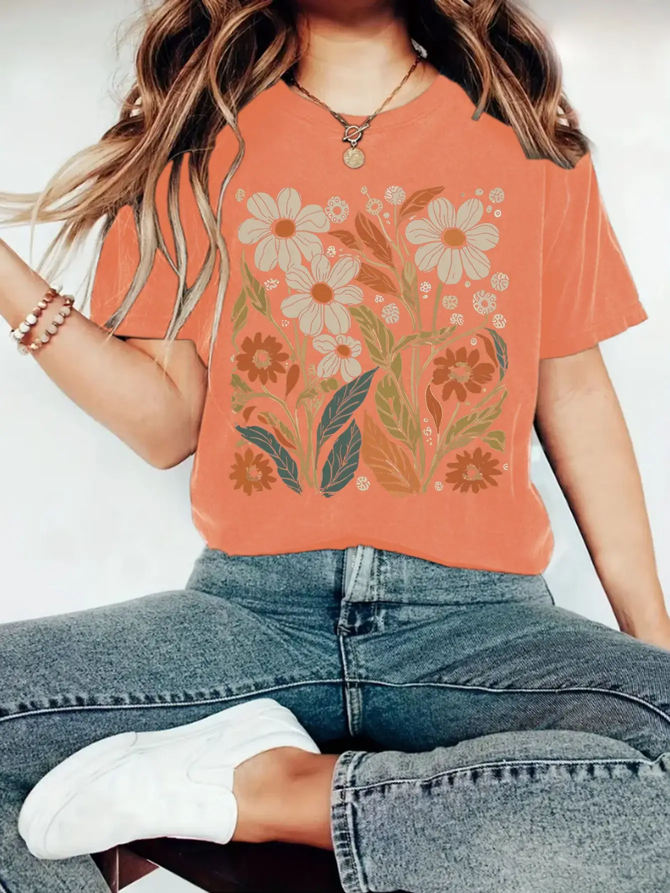 Women's Printed Round Neck T-Shirt Brown Floral Short Sleeve — feature 6