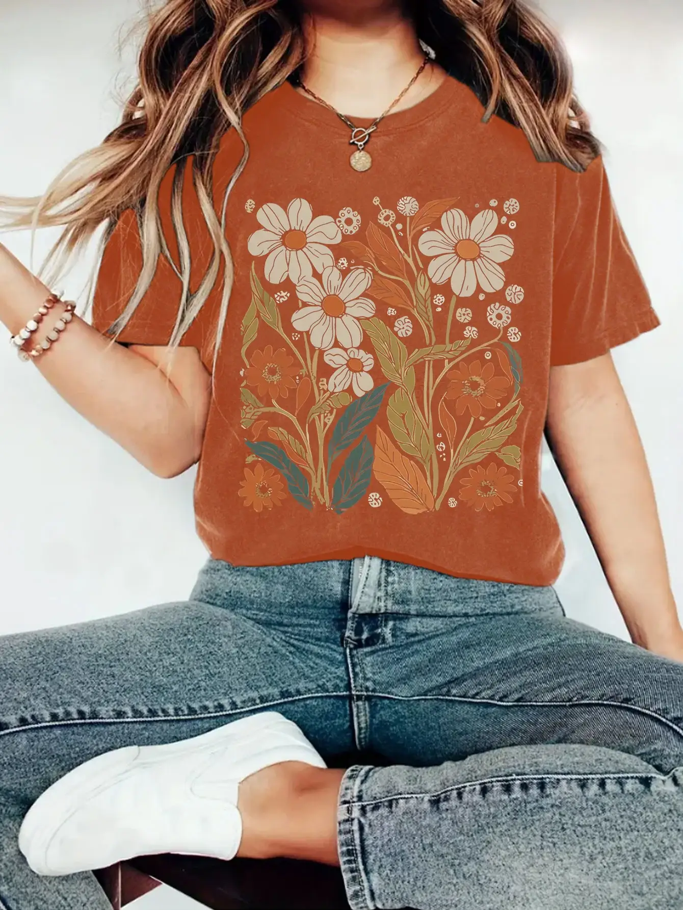 Women's Printed Round Neck T-Shirt Brown Floral Short Sleeve — feature 7