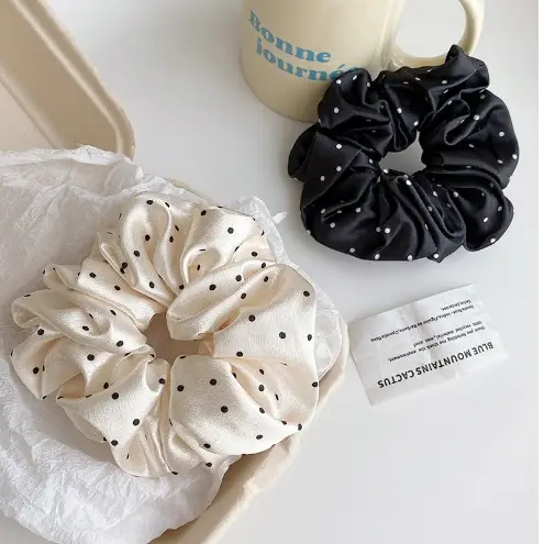 Black Polka Dot French Satin Hair Scrunchie