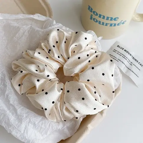 Black Polka Dot French Satin Hair Scrunchie