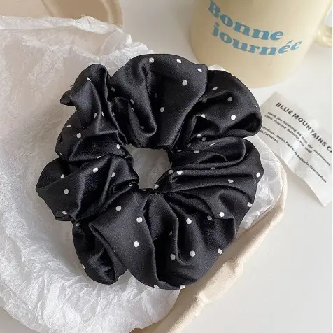 Black Polka Dot French Satin Hair Scrunchie