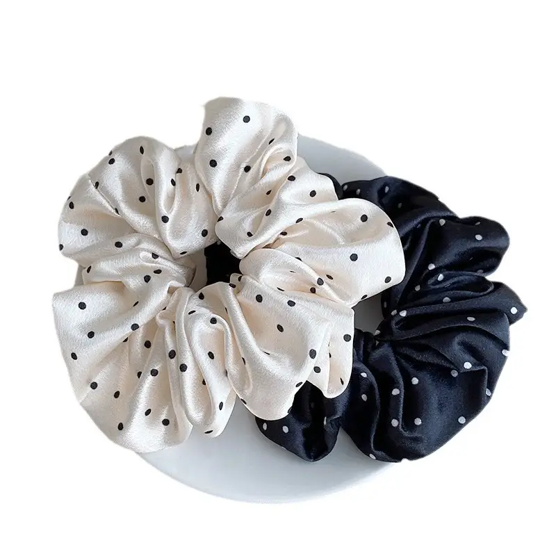 Black Polka Dot French Satin Hair Scrunchie