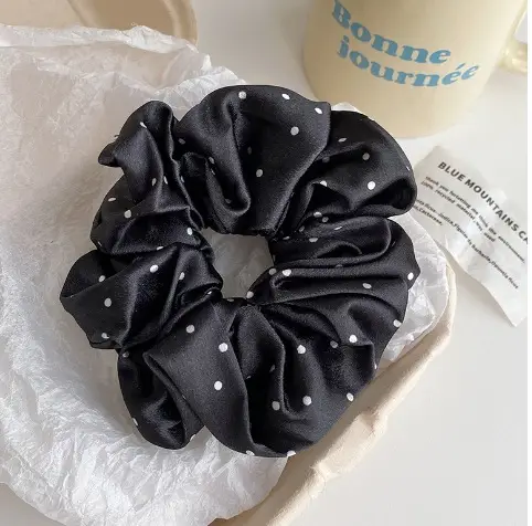 Black Polka Dot French Satin Hair Scrunchie