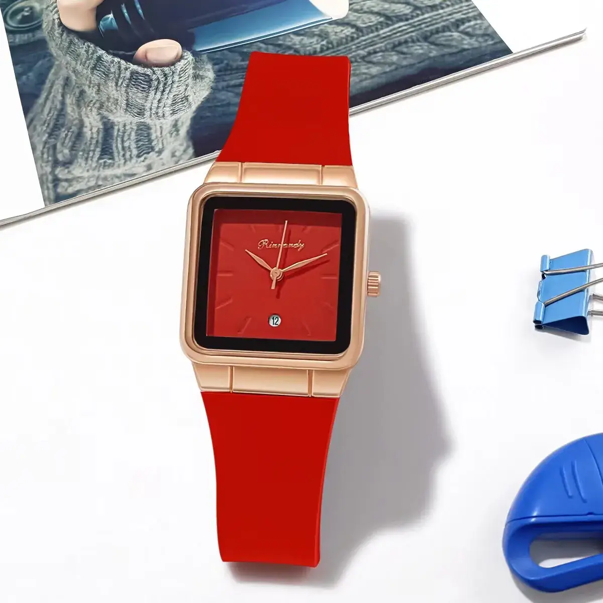 Women's Red Silicone Belt Quartz Watch Square Dial - Image 4