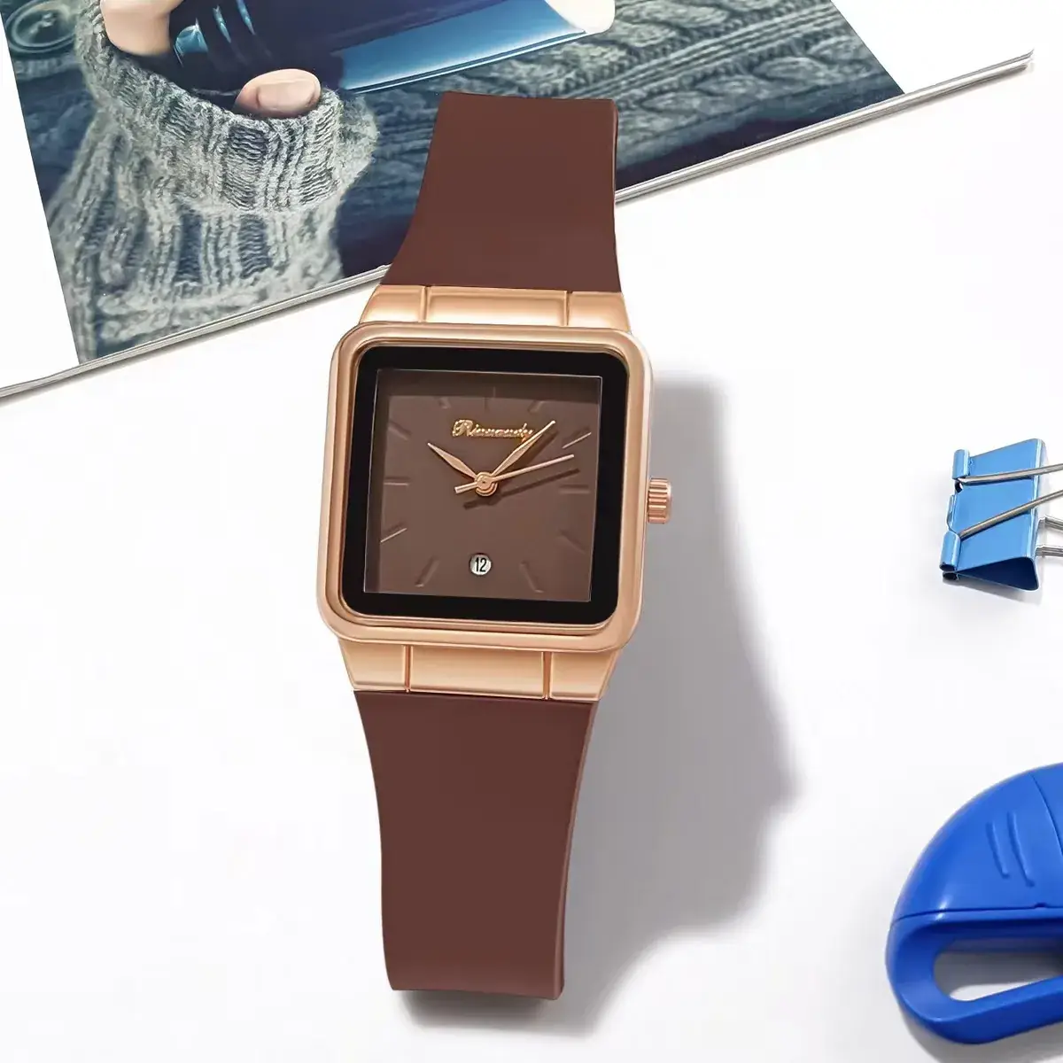 Women's Red Silicone Belt Quartz Watch Square Dial - Image 6