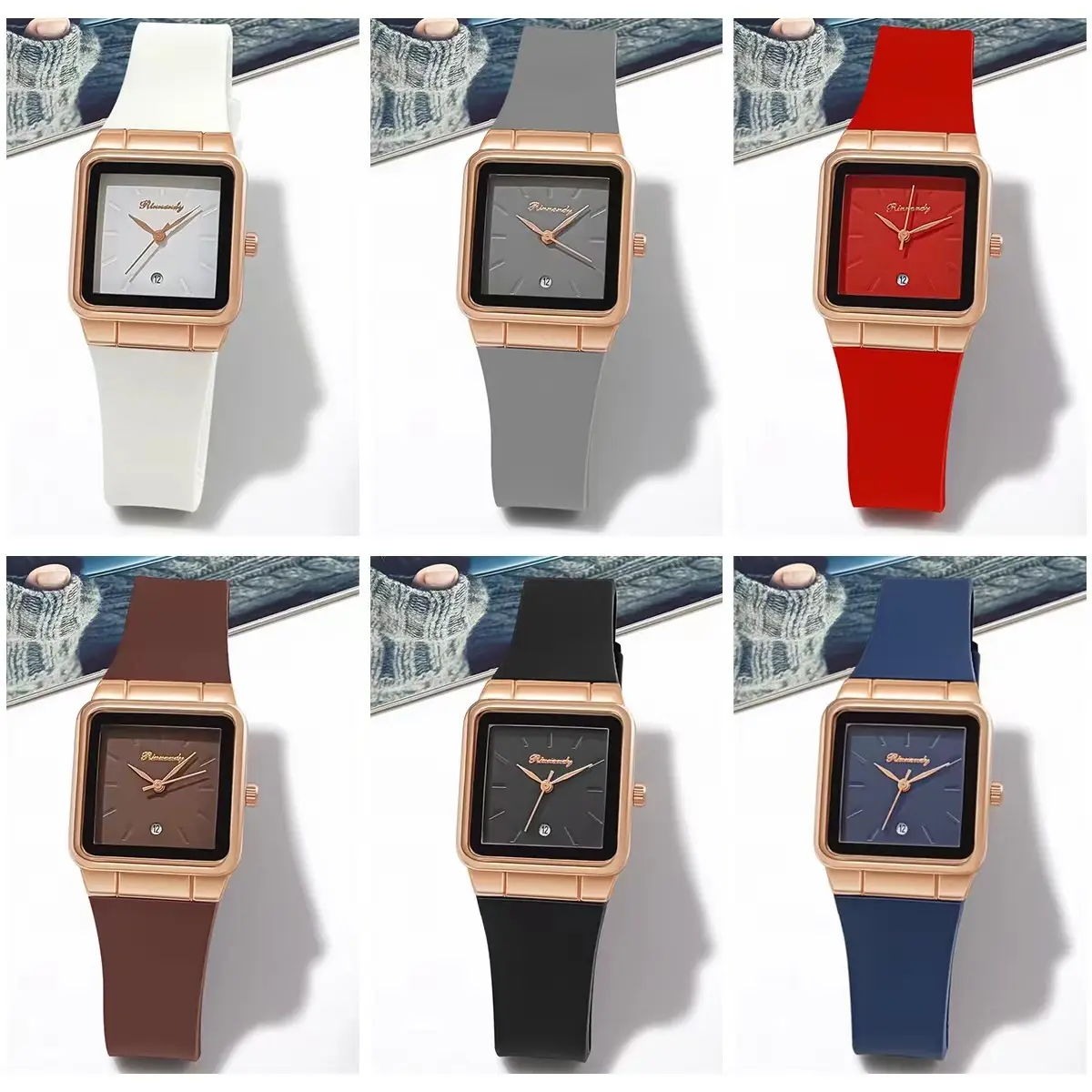 Women's Red Silicone Belt Quartz Watch Square Dial — feature 1