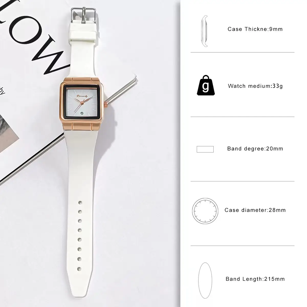 Women's Red Silicone Belt Quartz Watch Square Dial — feature 2