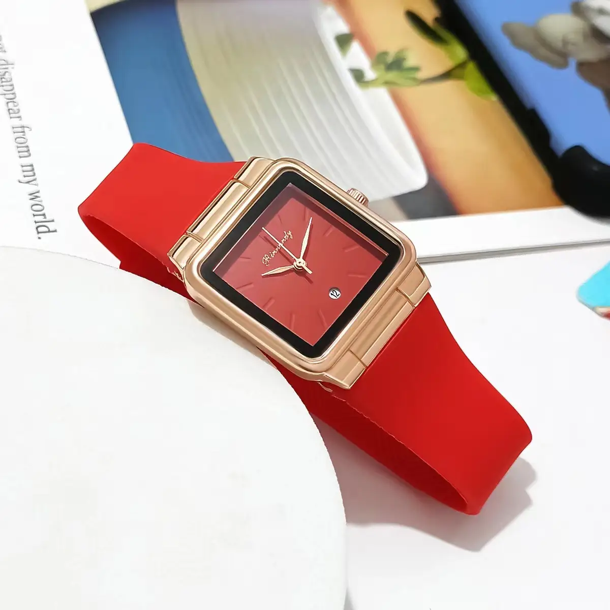 Women's Red Silicone Belt Quartz Watch Square Dial — feature 3