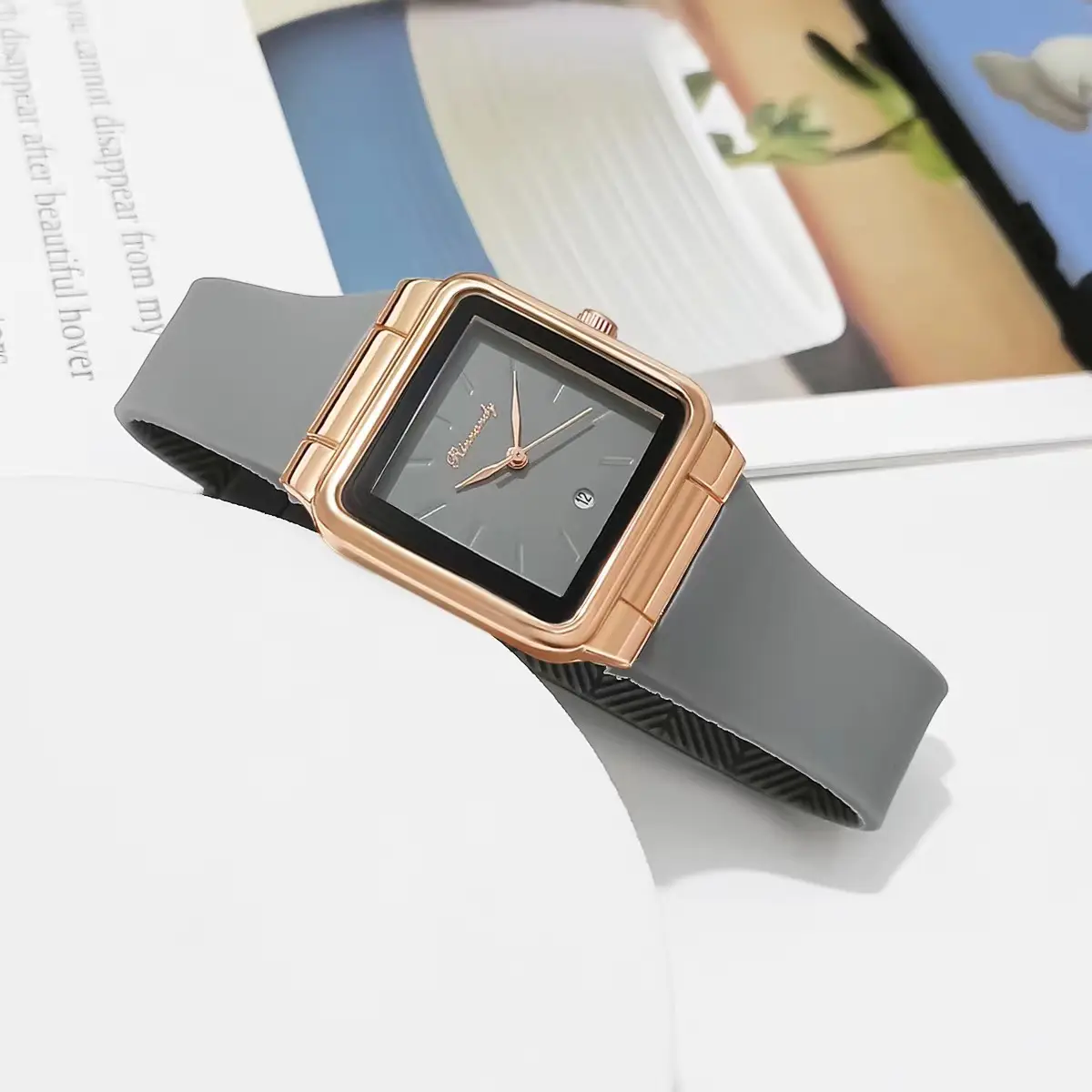 Women's Red Silicone Belt Quartz Watch Square Dial — feature 4