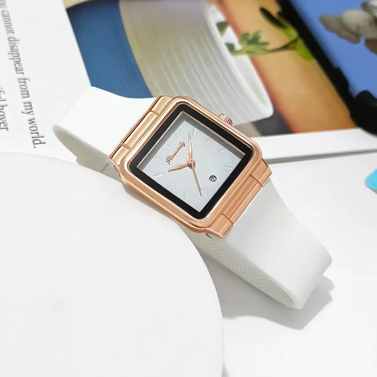 Women's Red Silicone Belt Quartz Watch Square Dial — feature 5