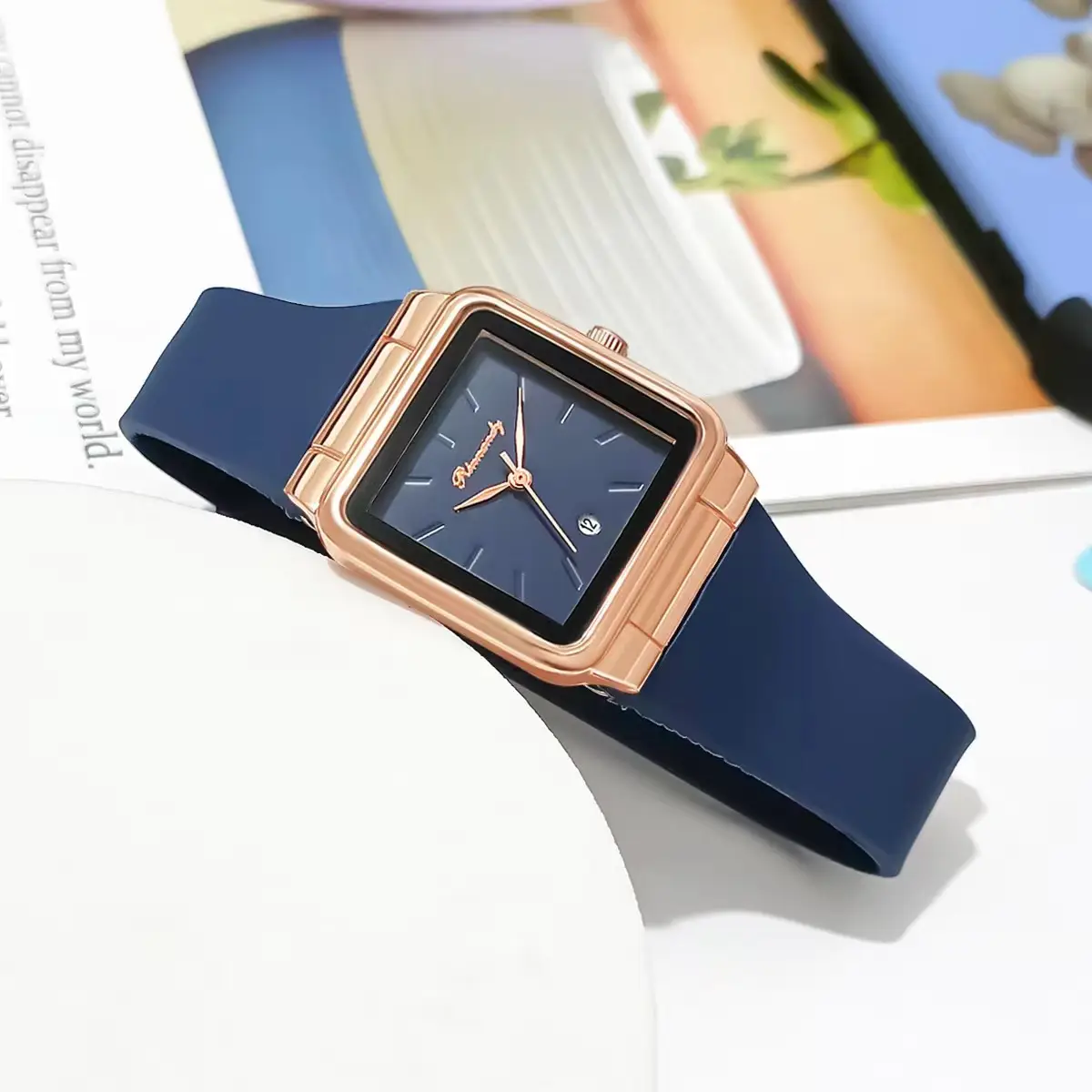Women's Red Silicone Belt Quartz Watch Square Dial — feature 6
