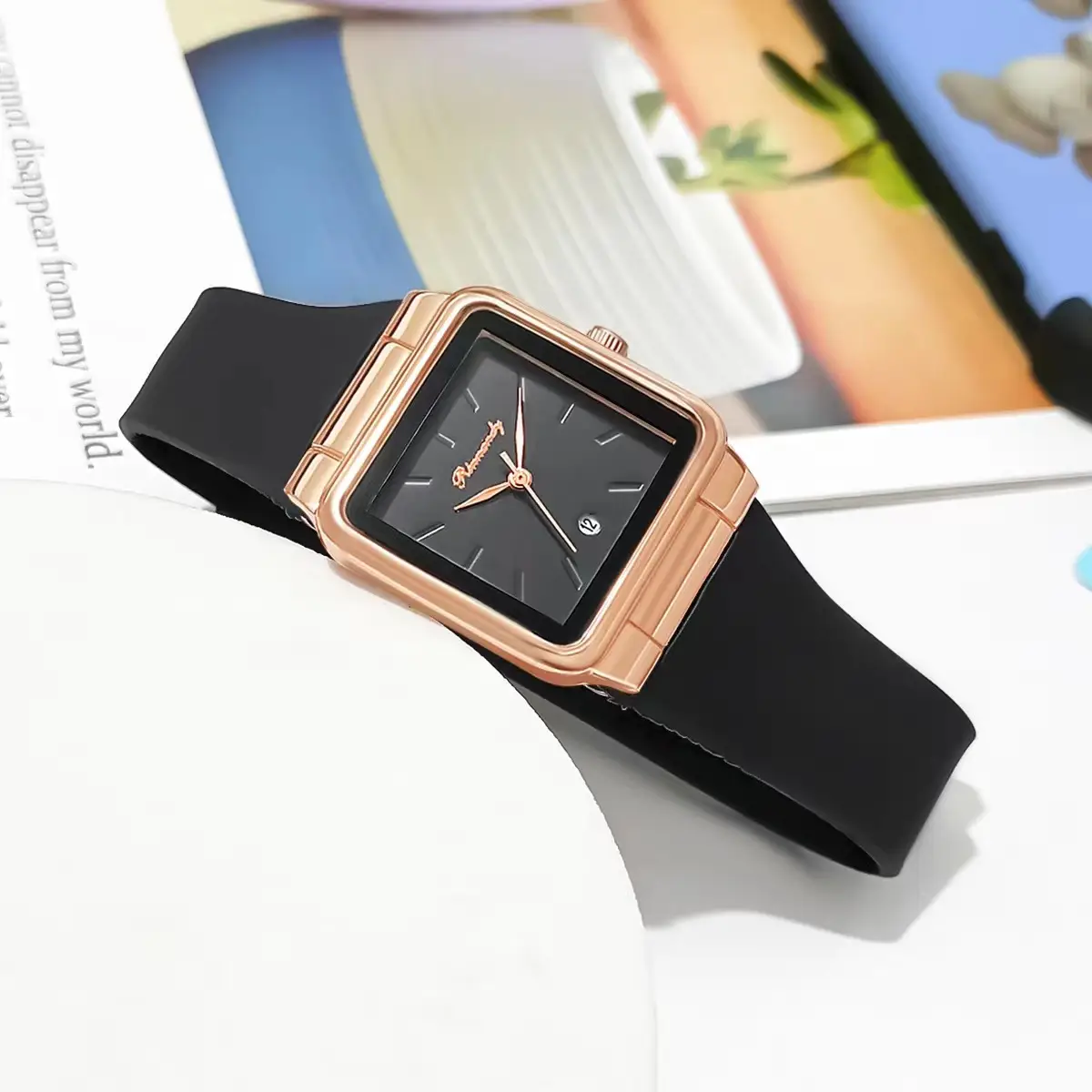 Women's Red Silicone Belt Quartz Watch Square Dial — feature 7