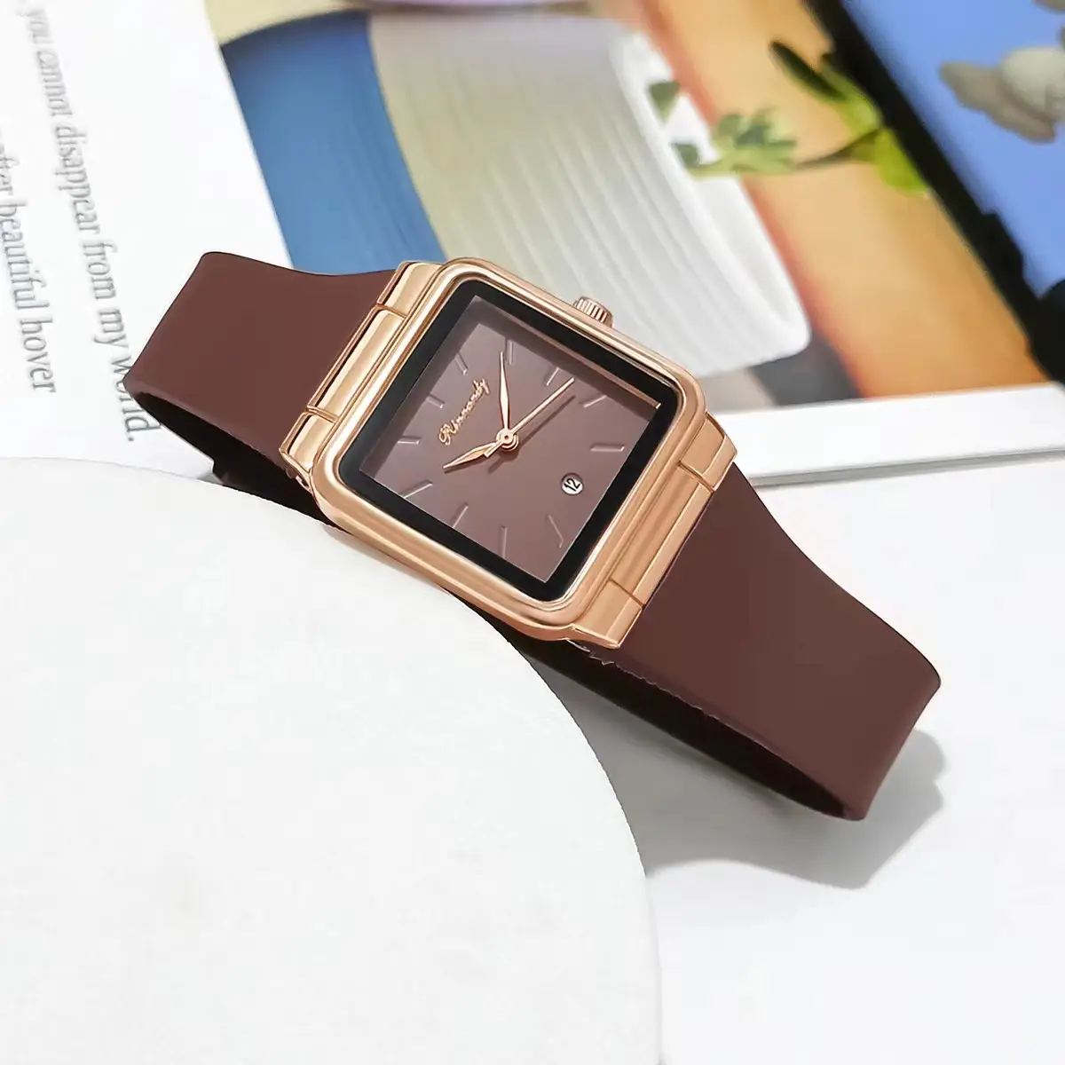 Women's Red Silicone Belt Quartz Watch Square Dial — feature 8