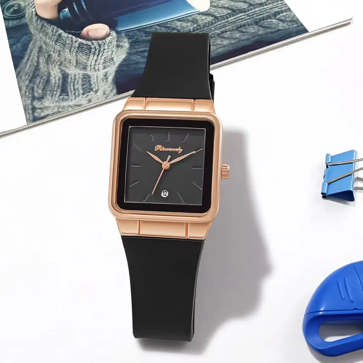 Women's Red Silicone Belt Quartz Watch Square Dial - Image 3