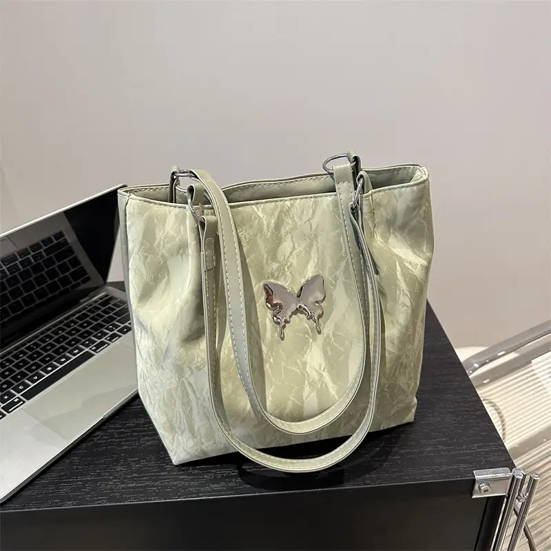 Gentle Textured Bow Shoulder Bag Olive Green Large Capacity - Image 8