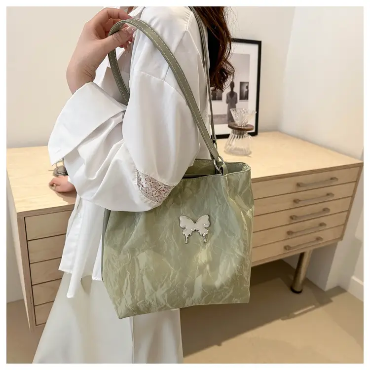Gentle Textured Bow Shoulder Bag Olive Green Large Capacity — feature 15