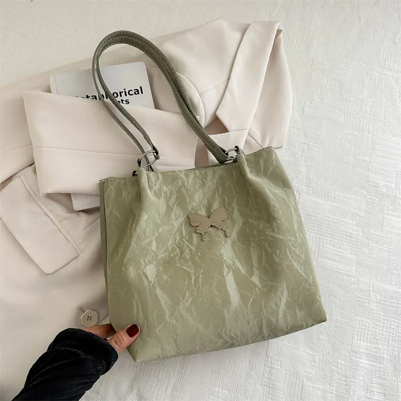 Gentle Textured Bow Shoulder Bag Olive Green Large Capacity - Image 4