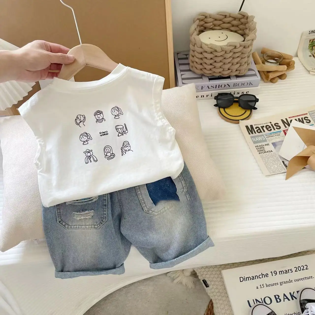 Baby Vest 2024 Boys Summer Sleeveless White Denim Shorts Set - Image 3