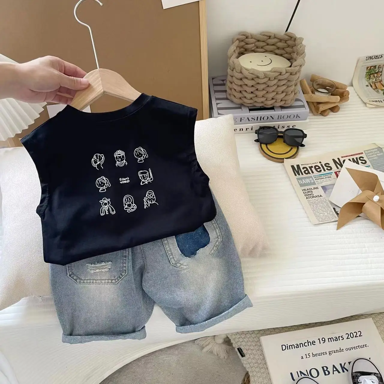 Baby Vest 2024 Boys Summer Sleeveless White Denim Shorts Set - Image 4