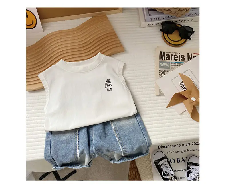 Baby Vest 2024 Boys Summer Sleeveless White Denim Shorts Set — feature 2