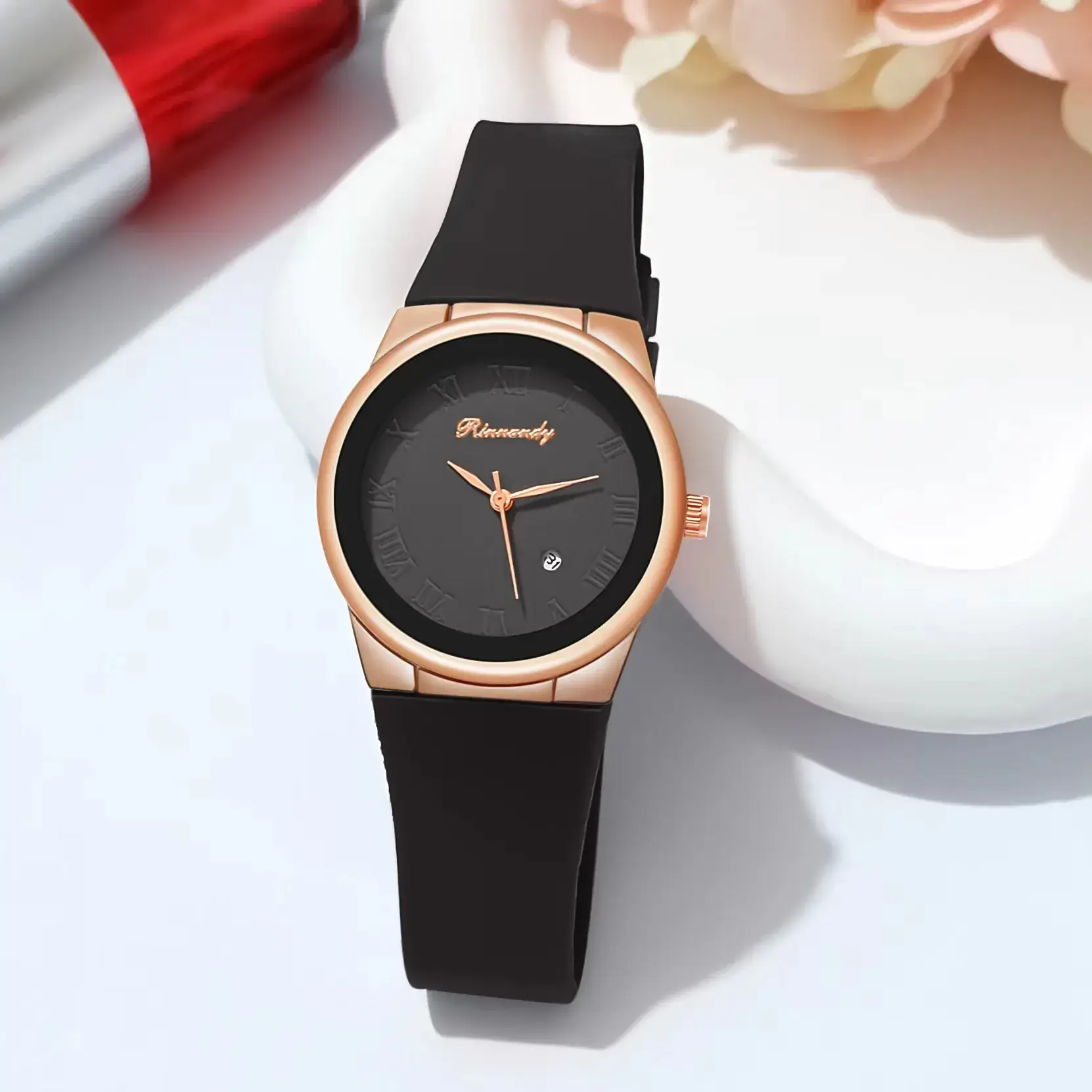 Ladies Quartz Watch with Rose Gold Dial & Blue Silicone Belt