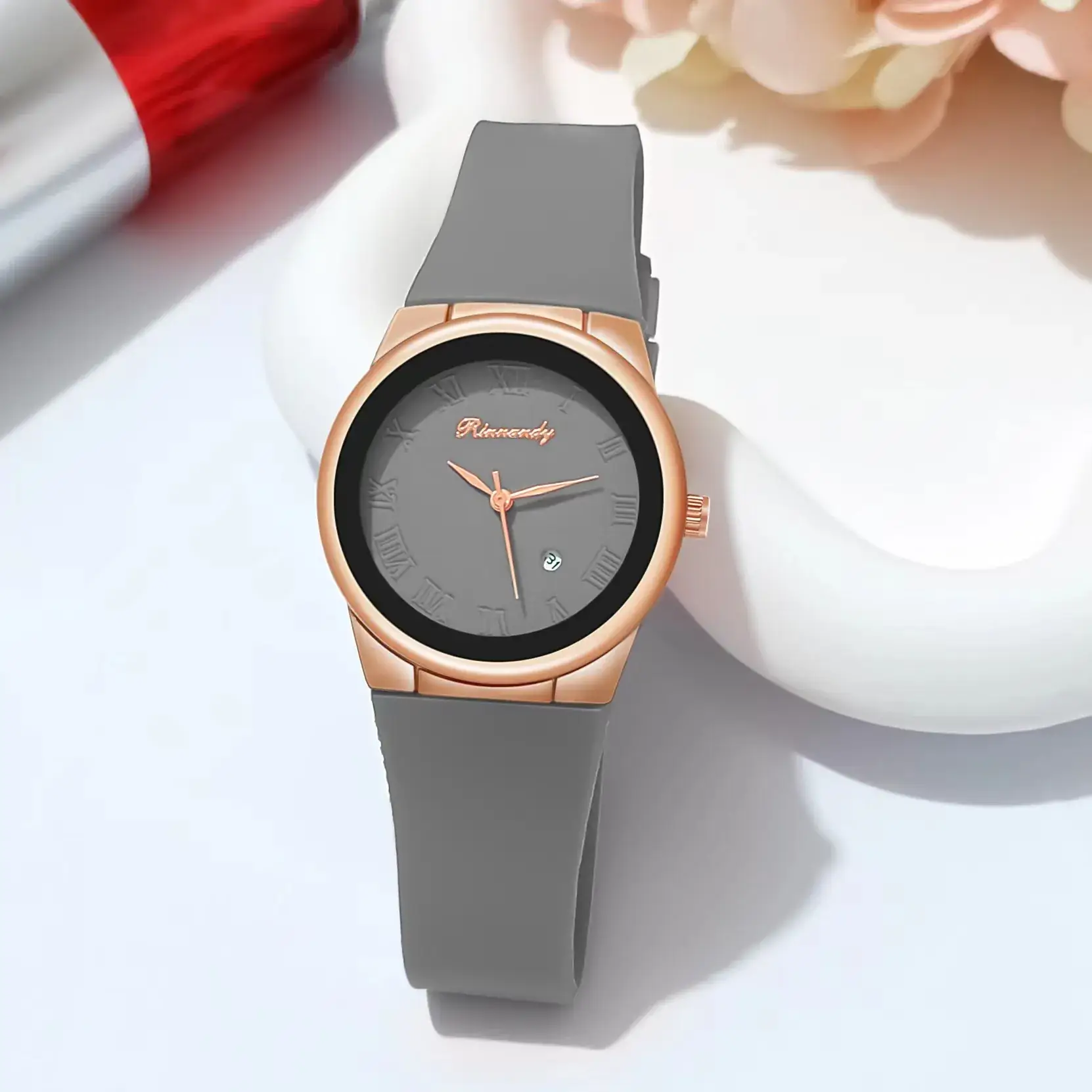 Ladies Quartz Watch with Rose Gold Dial & Blue Silicone Belt