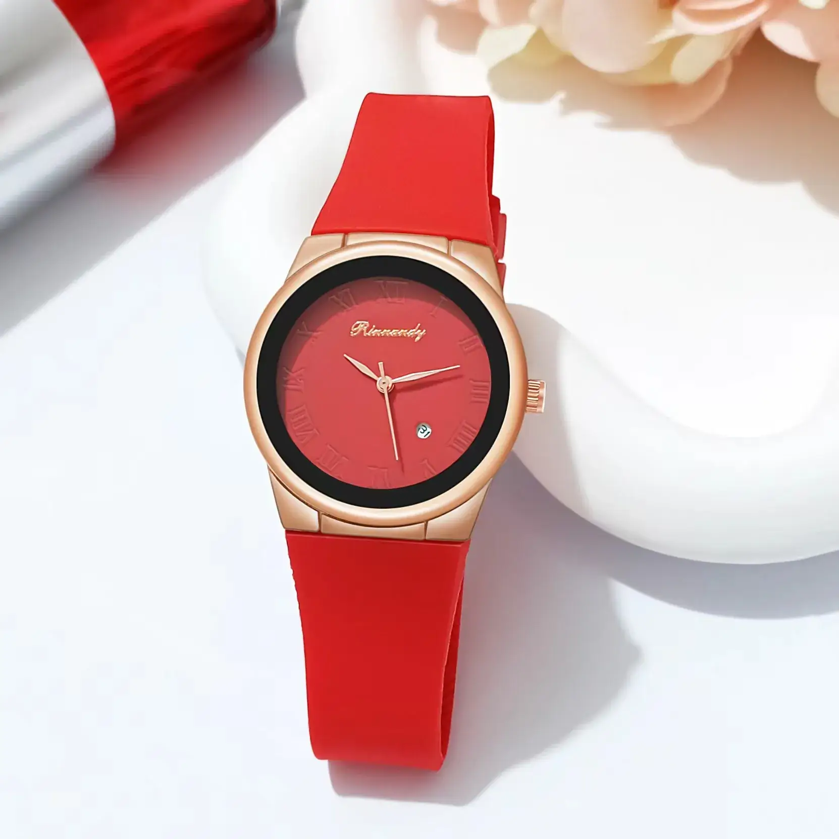 Ladies Quartz Watch with Rose Gold Dial & Blue Silicone Belt