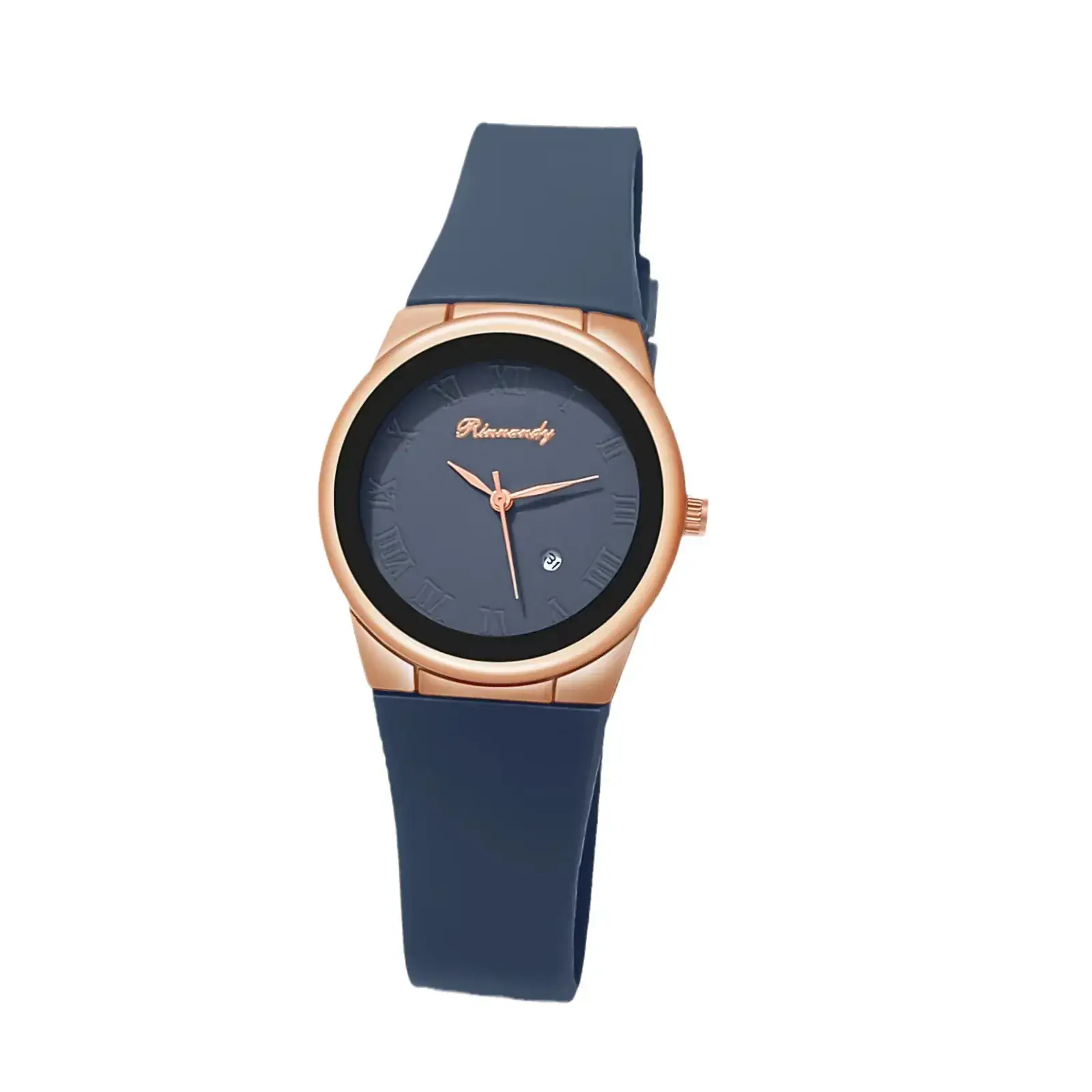 Ladies Quartz Watch with Rose Gold Dial & Blue Silicone Belt