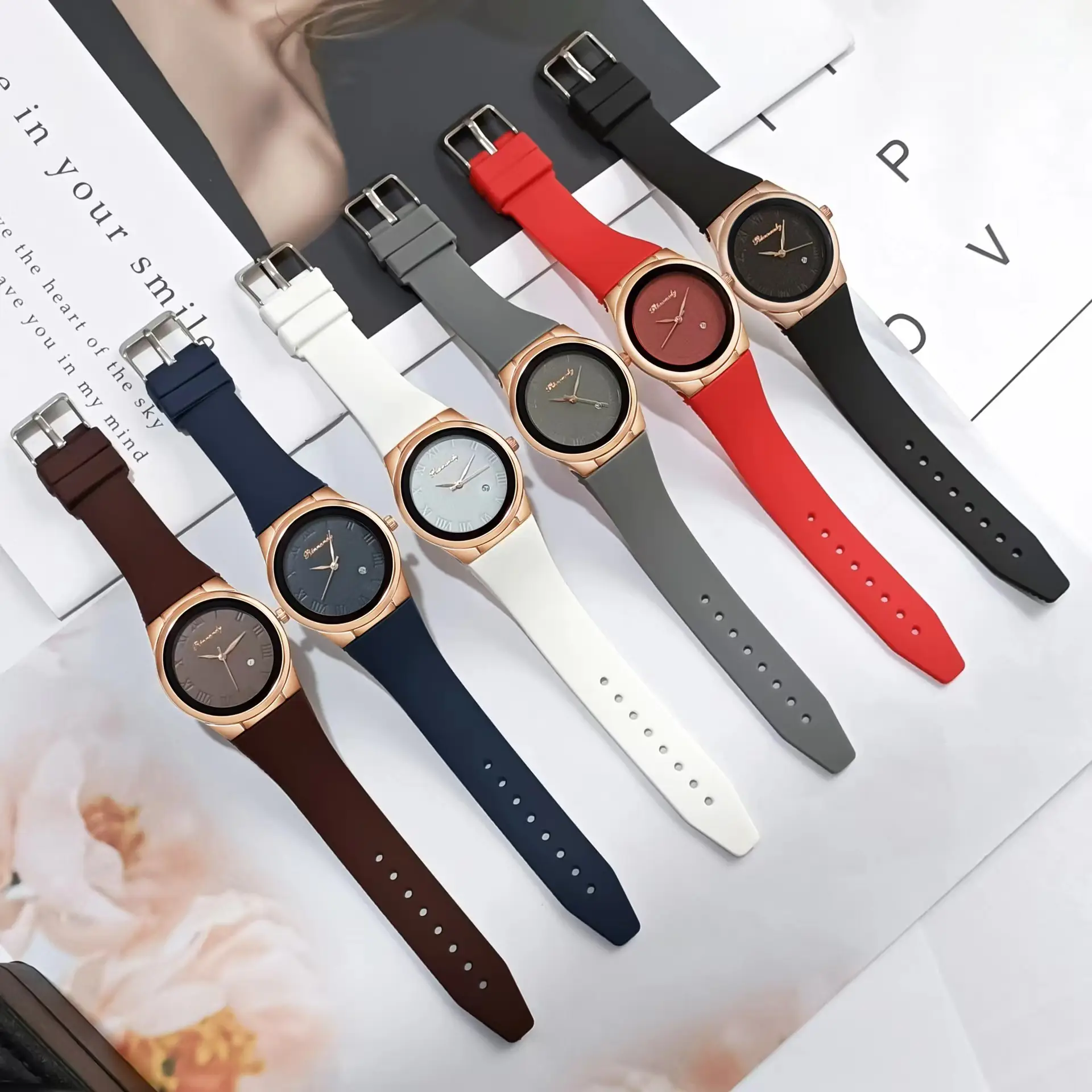 Ladies Quartz Watch with Rose Gold Dial & Blue Silicone Belt — feature 1