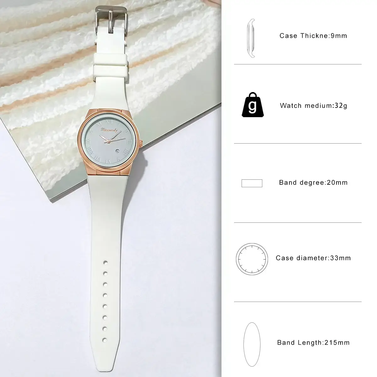 Ladies Quartz Watch with Rose Gold Dial & Blue Silicone Belt — feature 2