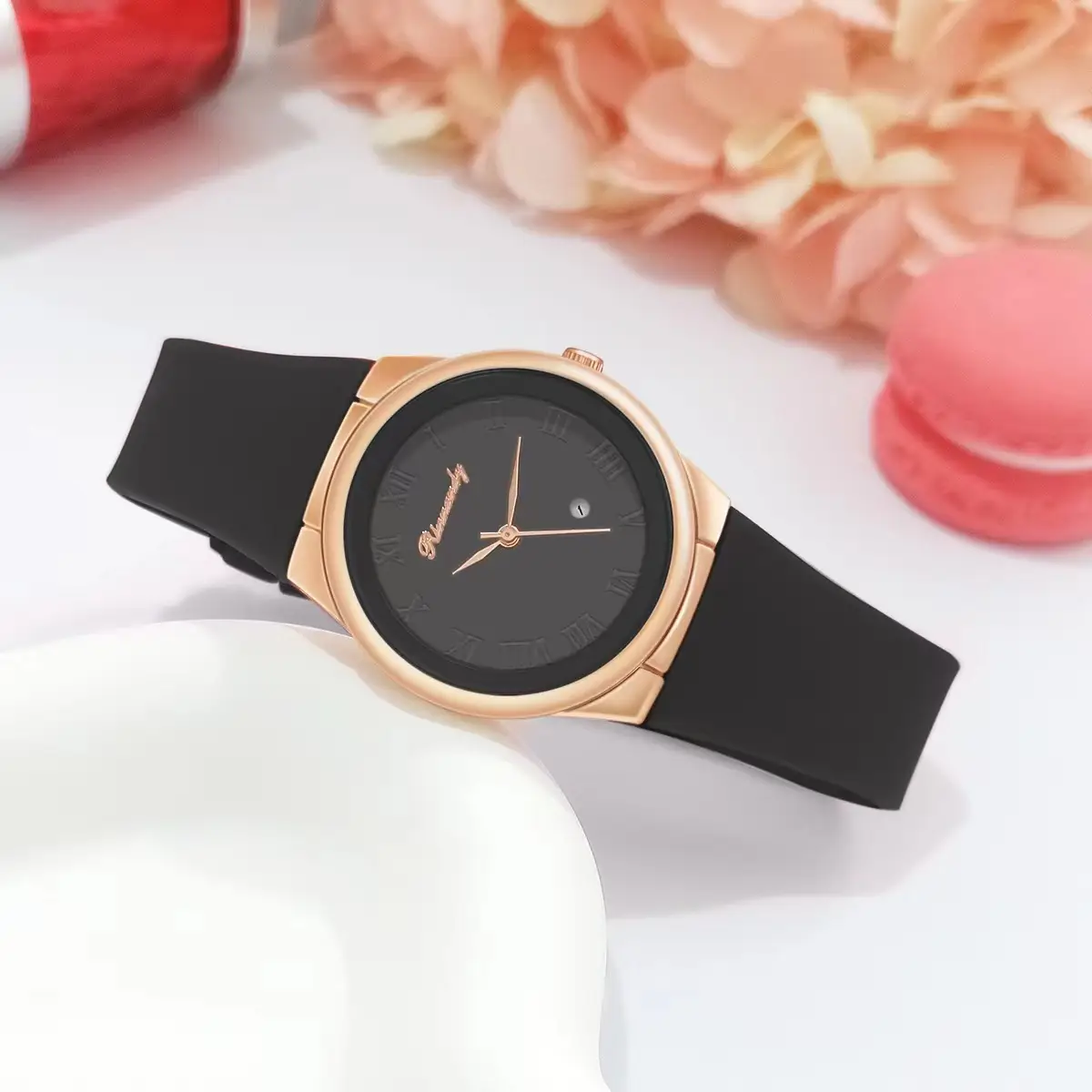 Ladies Quartz Watch with Rose Gold Dial & Blue Silicone Belt — feature 3