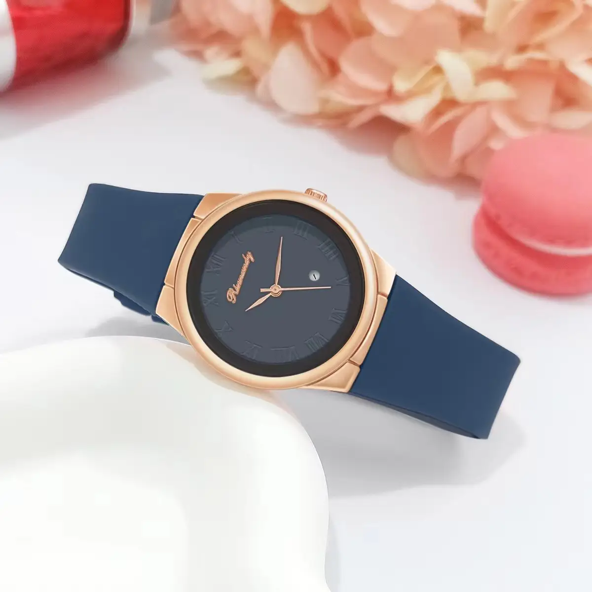 Ladies Quartz Watch with Rose Gold Dial & Blue Silicone Belt — feature 4
