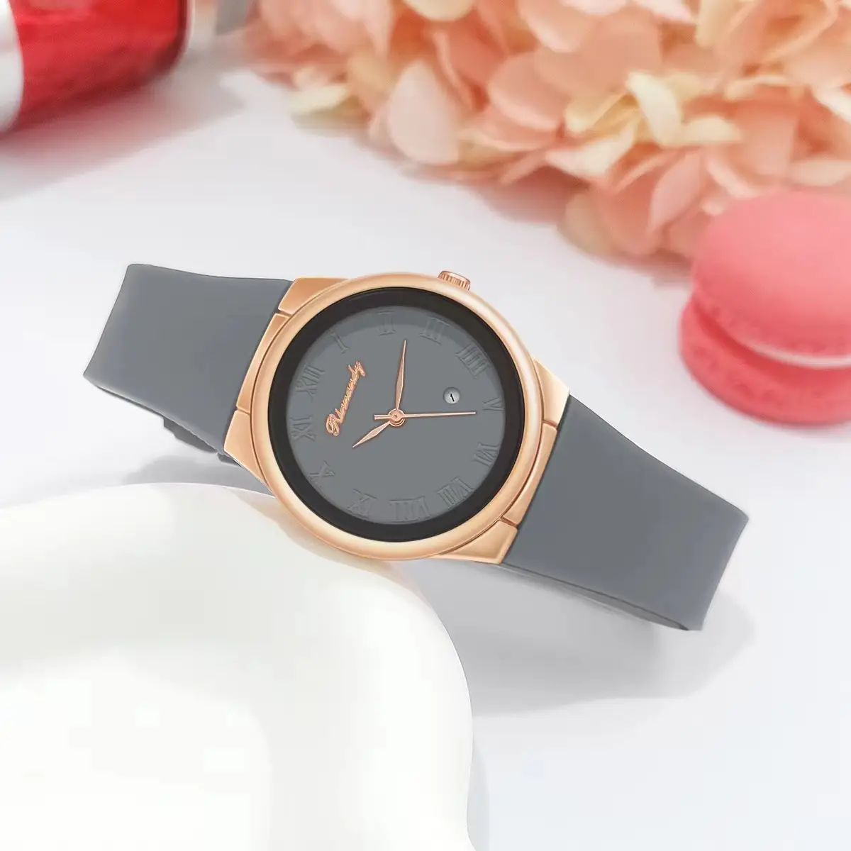 Ladies Quartz Watch with Rose Gold Dial & Blue Silicone Belt — feature 5