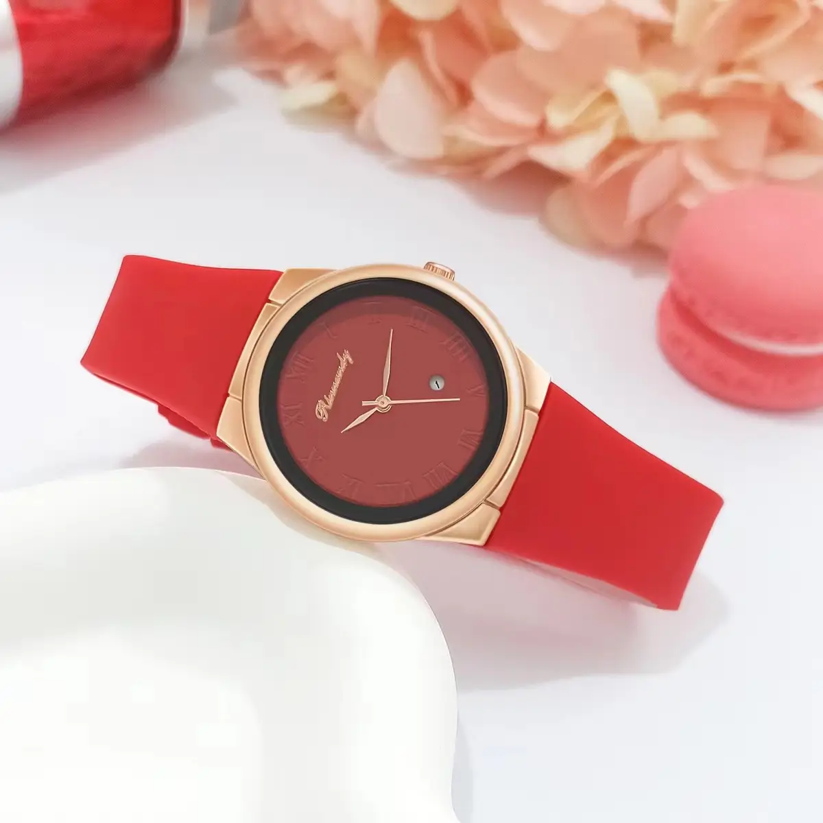 Ladies Quartz Watch with Rose Gold Dial & Blue Silicone Belt — feature 7