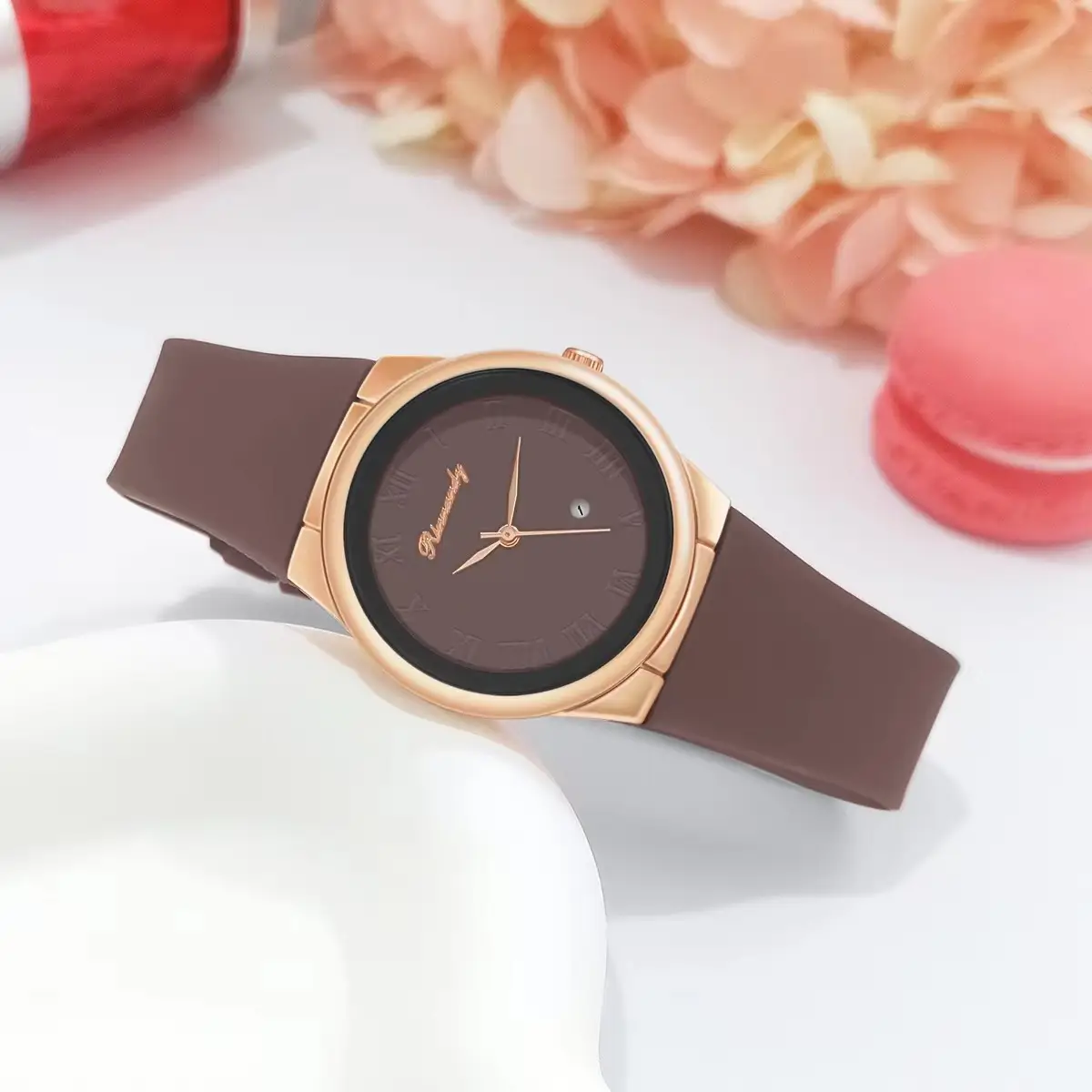 Ladies Quartz Watch with Rose Gold Dial & Blue Silicone Belt — feature 8