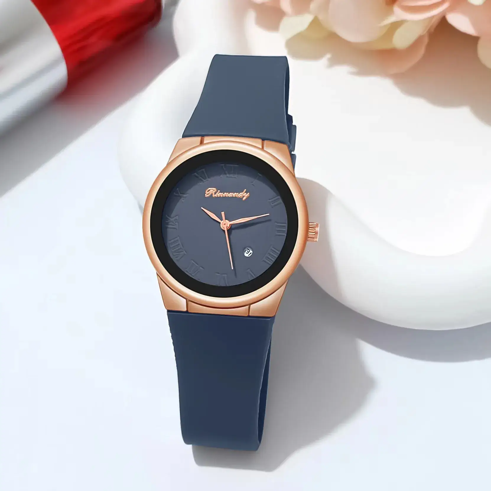 Ladies Quartz Watch with Rose Gold Dial & Blue Silicone Belt