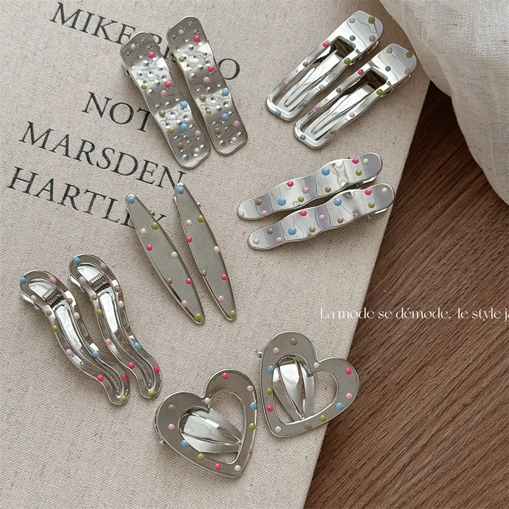 Silver Metal Hairpins with Colorful Dots & Side Clips