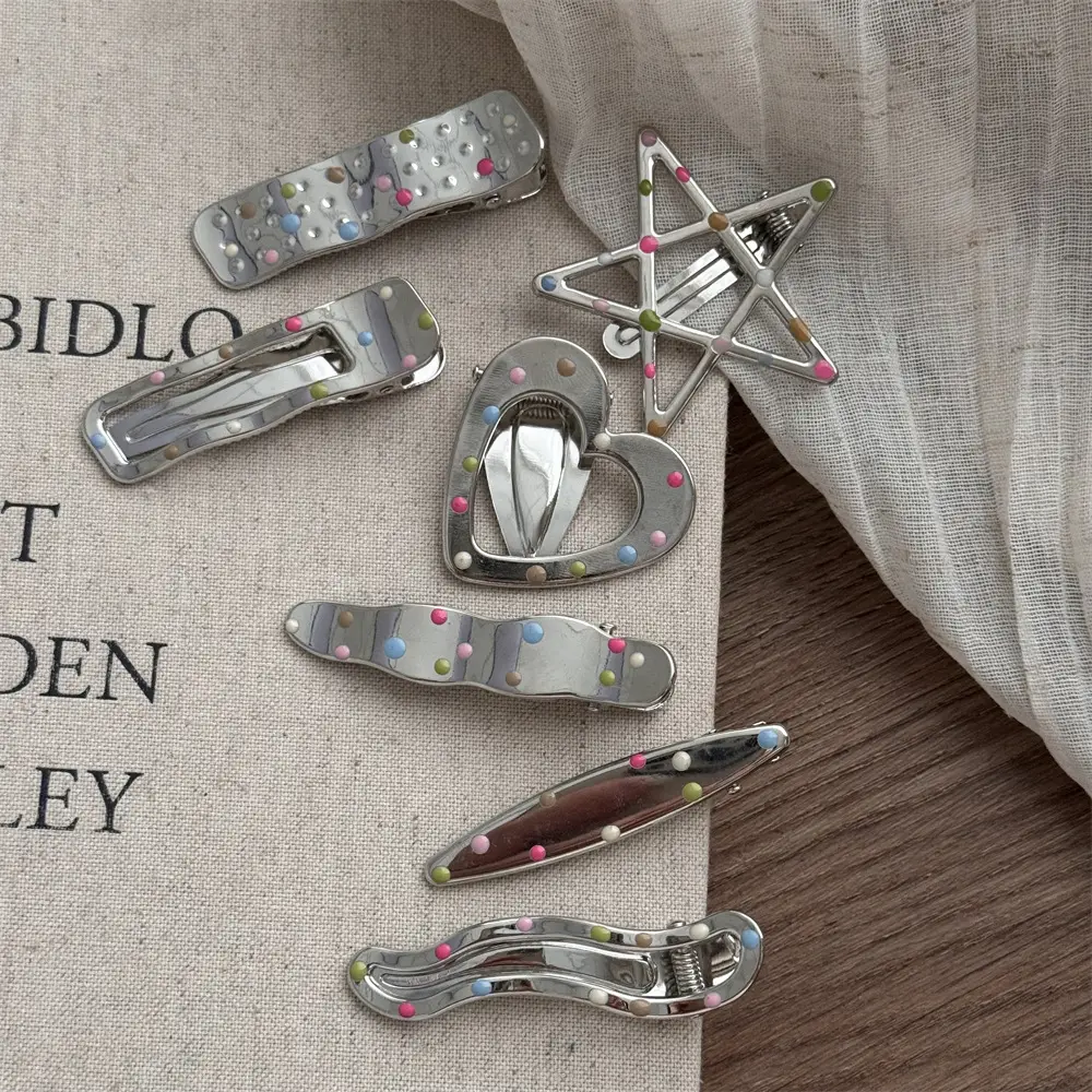 Silver Metal Hairpins with Colorful Dots & Side Clips