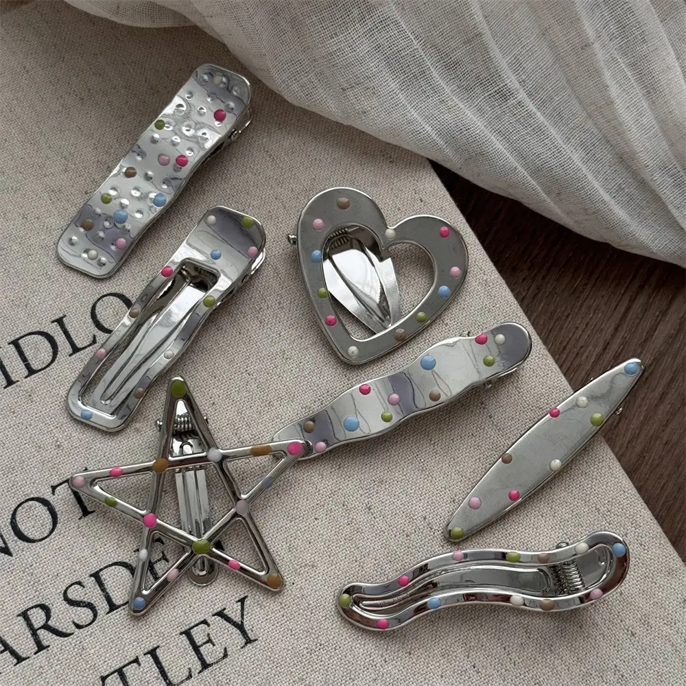 Silver Metal Hairpins with Colorful Dots & Side Clips