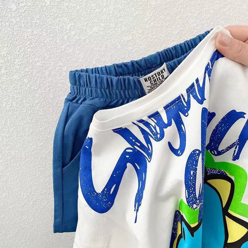 2024 Boys Cotton Shorts White Blue Graphic Summer Wear - Image 3