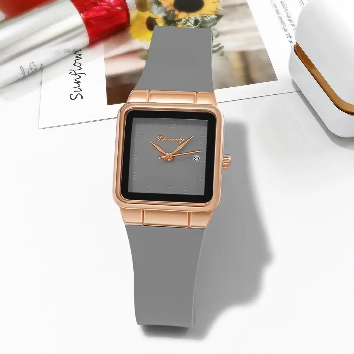 Ladies Blue Silicone Belt Quartz Watch with Rose Gold Case - Image 2