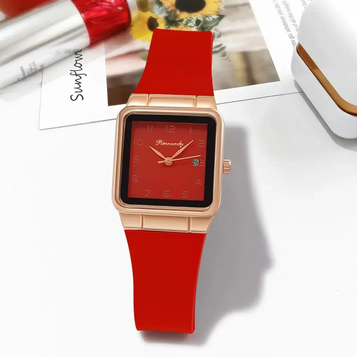 Ladies Blue Silicone Belt Quartz Watch with Rose Gold Case - Image 4