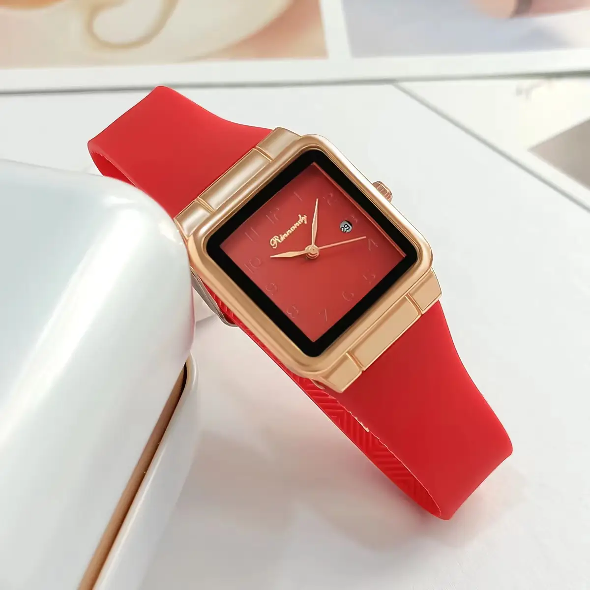 Ladies Blue Silicone Belt Quartz Watch with Rose Gold Case — feature 3