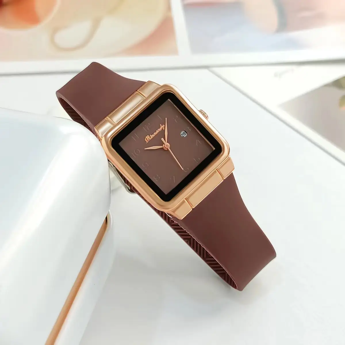 Ladies Blue Silicone Belt Quartz Watch with Rose Gold Case — feature 5